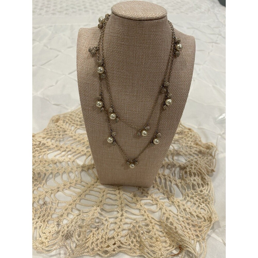 ANN TAYLOR Chain Necklace, Crystal & Pearl Dangle Beads, Gold Tone 30”